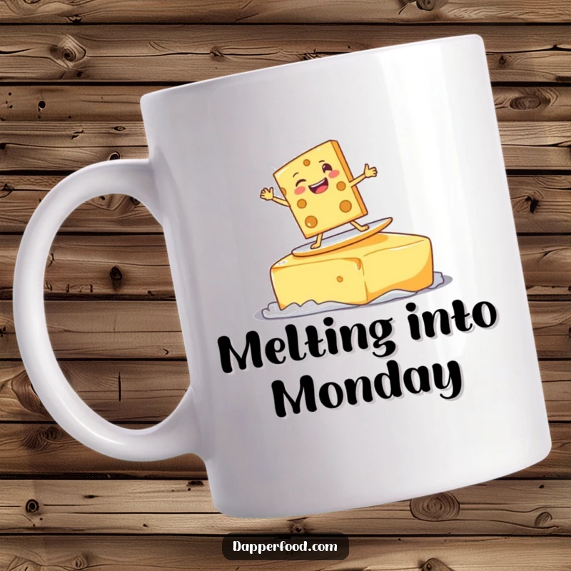 Funny delighted cheese slice character surfing on a giant pat of butter with a goofy grin, a humorous dairy-themed mug.