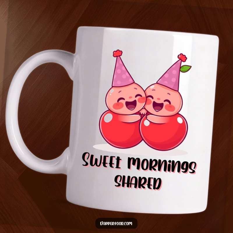 Funny giggling pair of cherries wearing tiny party hats, sharing a joyful, exaggerated hug, a sweet and humorous mug.