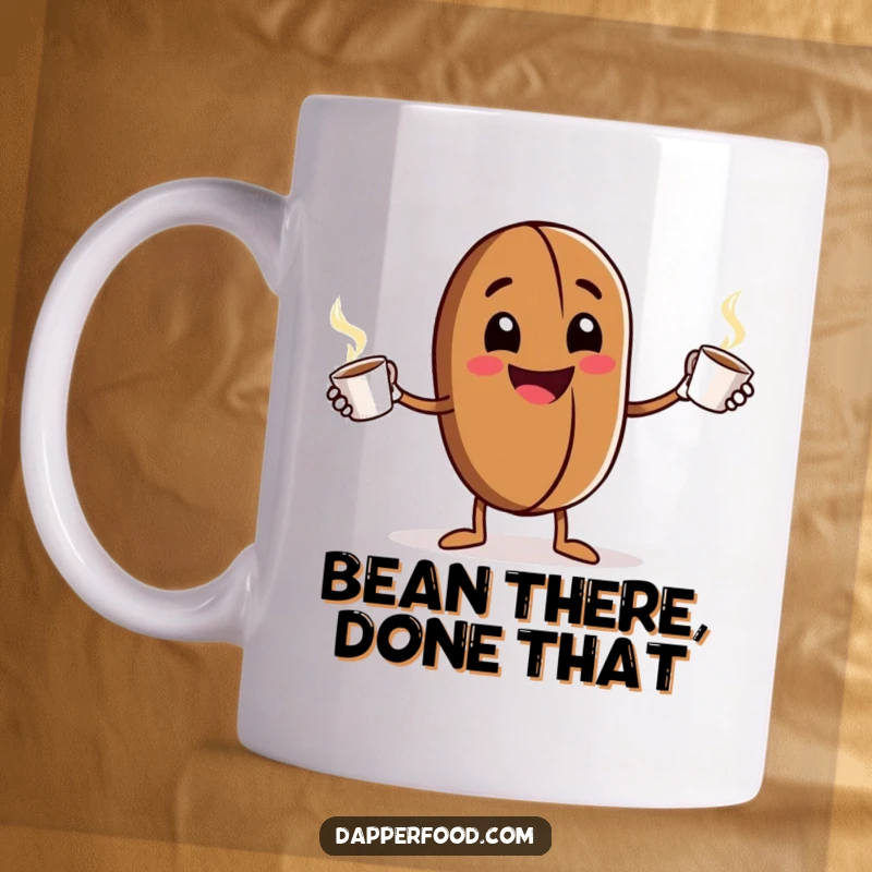 Funny Mug: A grinning anthropomorphic coffee bean character enthusiastically juggles tiny steaming cups, a lively and humorous design for coffee lovers.