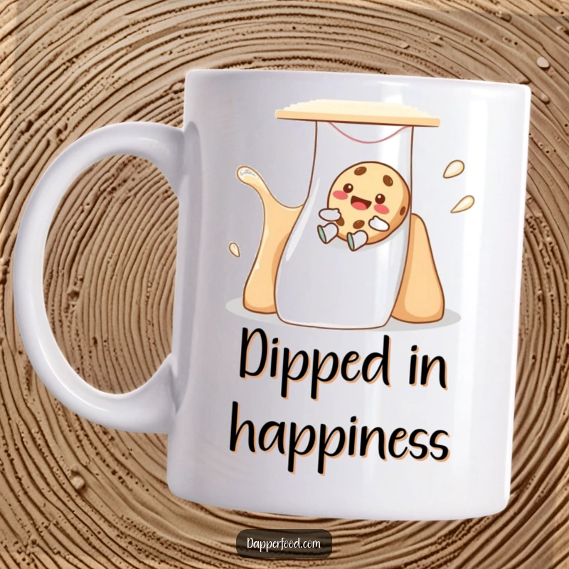 Funny cookie character giggling while sliding down a milk-flavored slide, representing pure, sweet fun and delight.