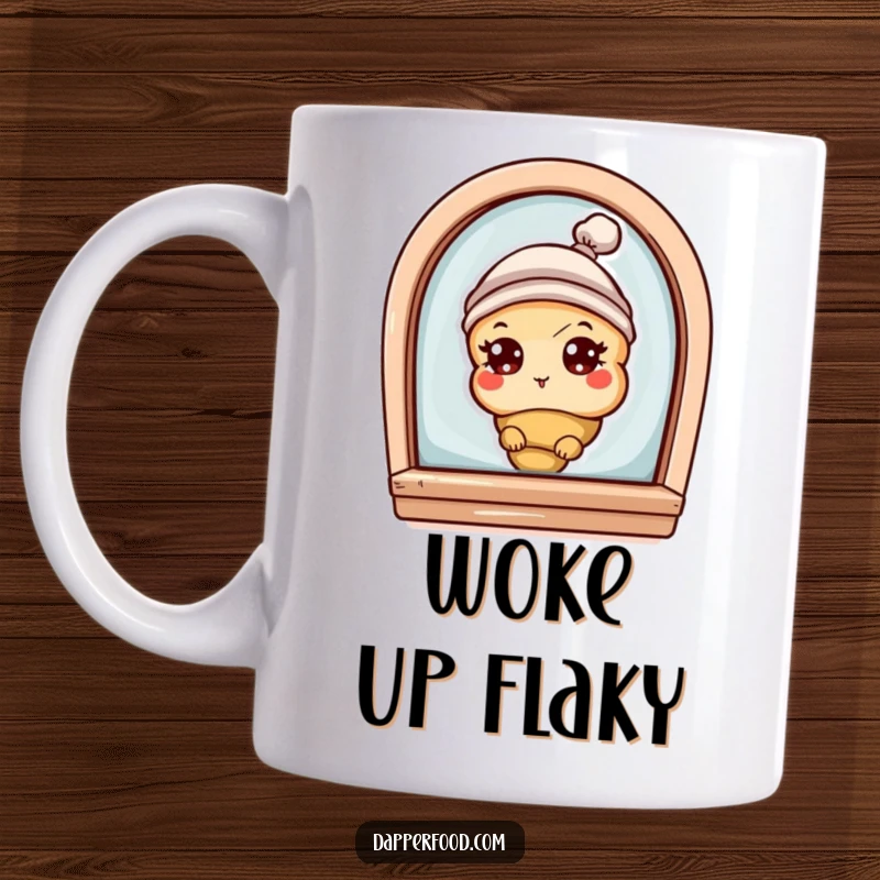 Funny mug showing a curious croissant character with eyes and a tiny hat, peeking playfully from a bakery window, full of buttery mischief.