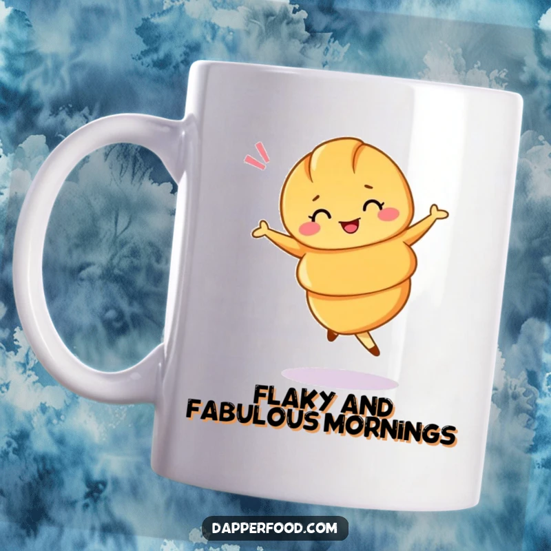 Funny croissant mug doing a ballet twirl with a wink, embodying buttery elegance and humor.