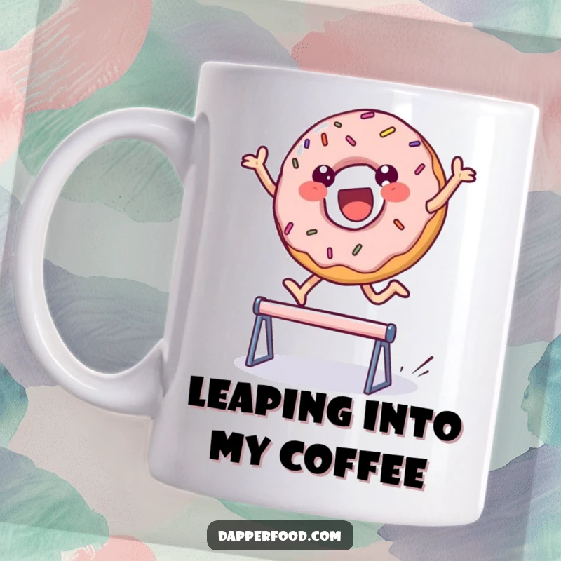 Funny mug featuring a delighted donut character covered in sprinkles, joyfully leaping over a tiny hurdle. A sweet and humorous treat.