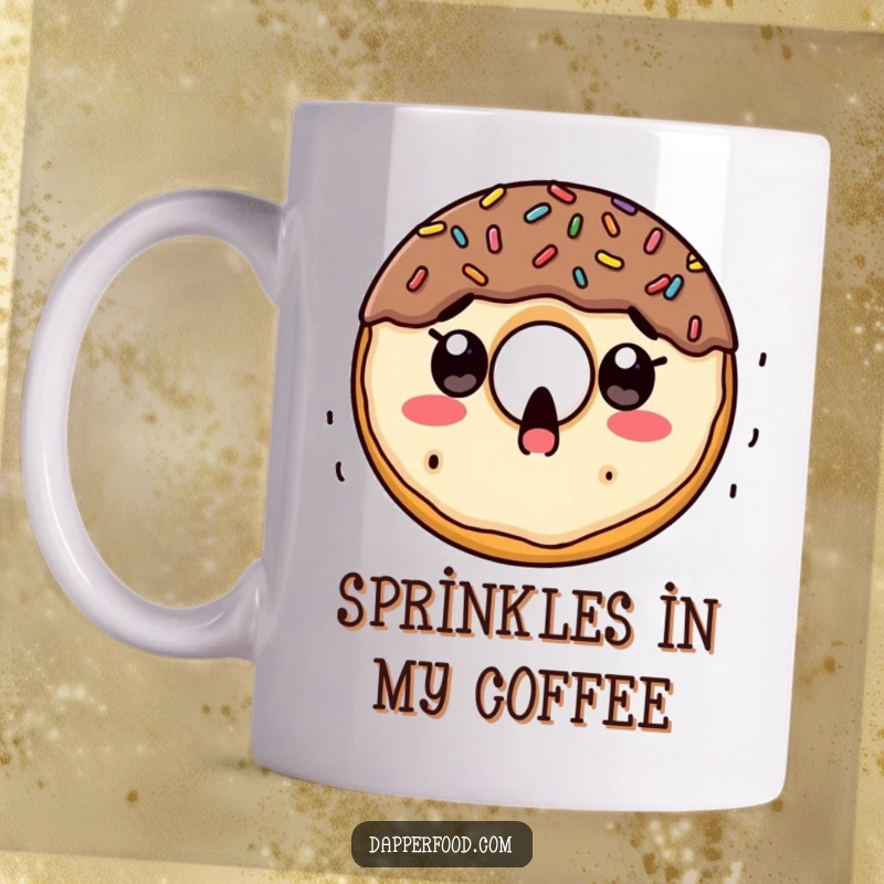 Funny mug featuring a wide-eyed, surprised doughnut character with a cascade of colorful sprinkles raining down upon it.