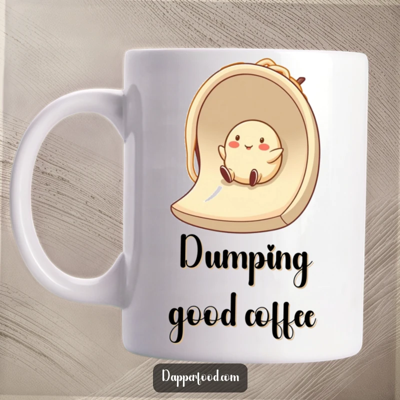 Funny dumpling character smiling while sliding down a giant noodle, depicted on a humorous mug for food enthusiasts.