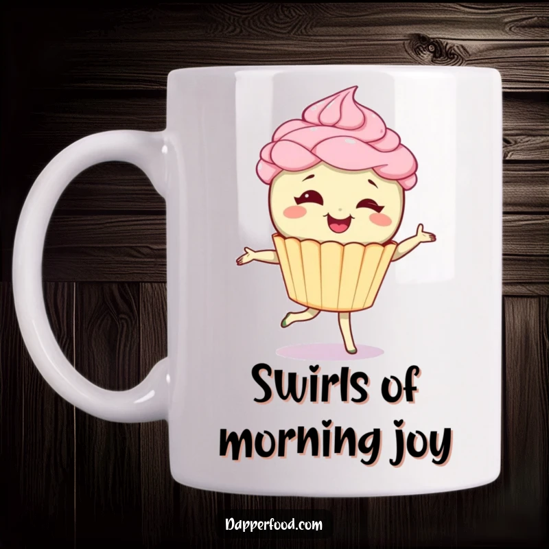 Funny mug featuring a giggling cupcake character with frosting hair, gracefully doing a pirouette. A sweet and amusing treat.