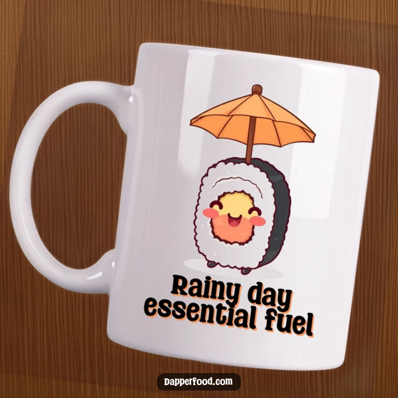 Funny Mug featuring a happy sushi roll joyfully balancing a tiny umbrella, exuding sunny charm.