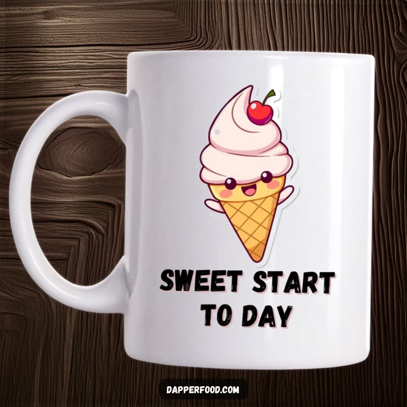 Funny Ice Cream Cone Mug featuring a happy character with a cherry topping, joyfully sliding down a vibrant rainbow, bringing sweet humor.