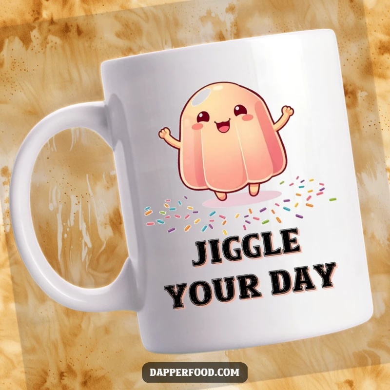 Funny mug featuring a wobbly piece of jelly bouncing with pure joy on a sprinkle-covered surface.