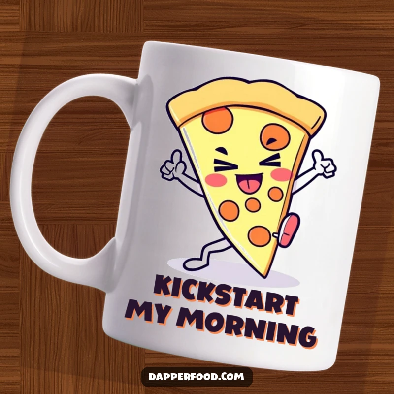 Funny Kawaii Pizza Kick Mug: A determined pizza slice character performing a powerful kick, perfect for a motivational coffee gift.