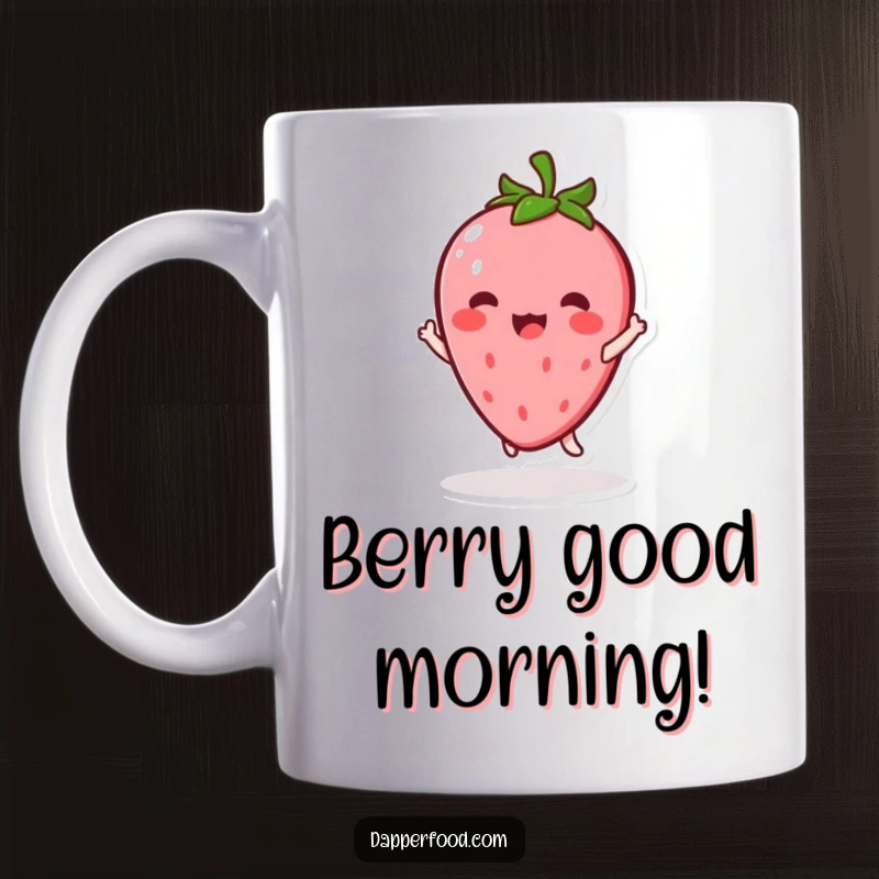 Funny Kawaii Strawberry Mug: A happy strawberry character doing an excited twirl, perfect for a joyful coffee break gift.