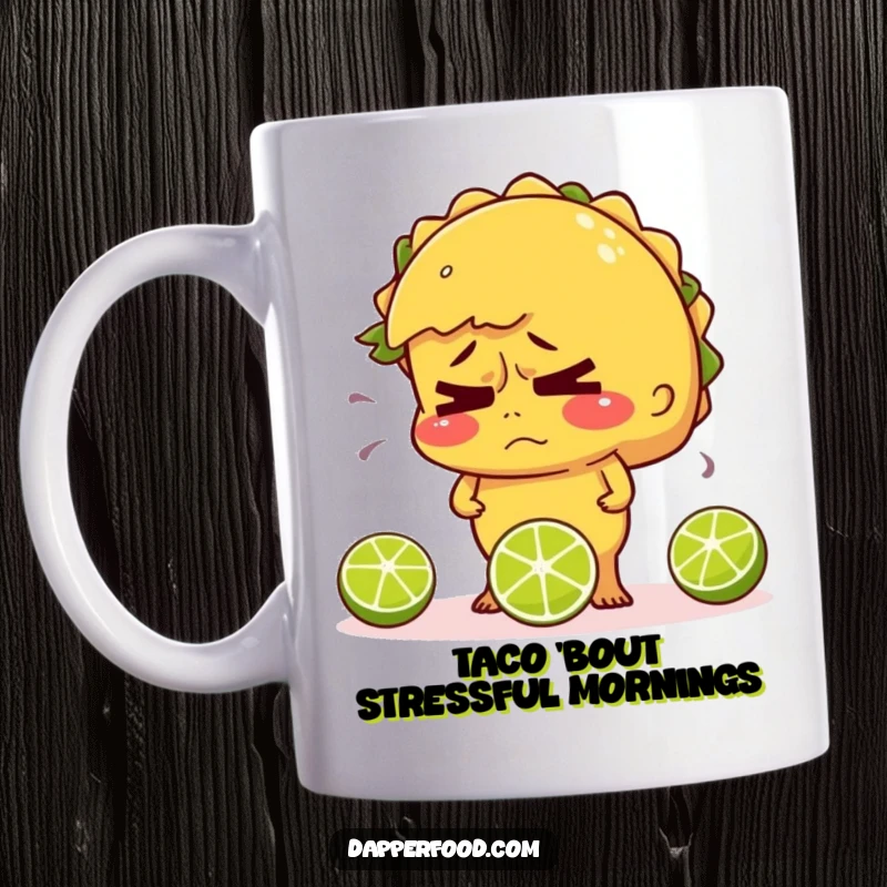 Funny taco mug, nervously sweating while juggling limes, embodying chaotic humor.