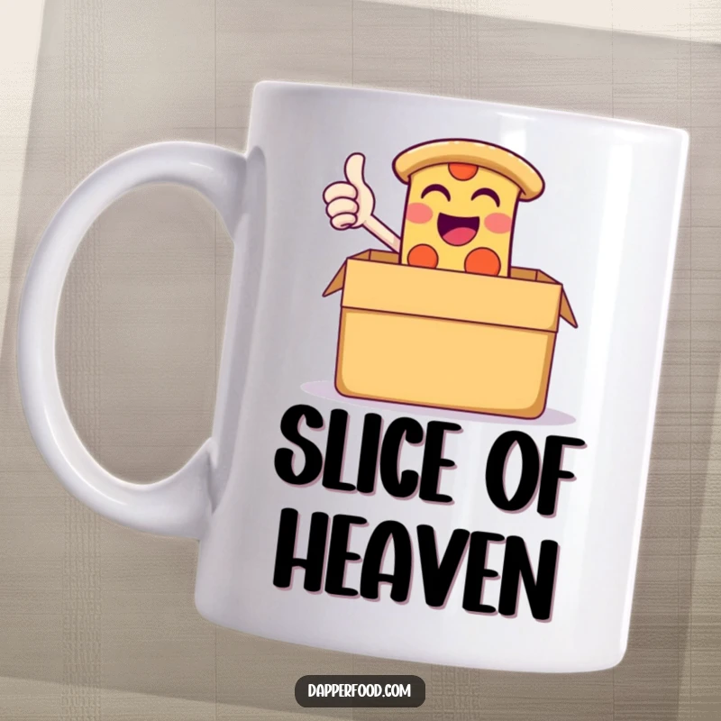 Funny mug showcasing a giggling slice of pizza triumphantly giving a thumbs-up from inside a giant pizza box.