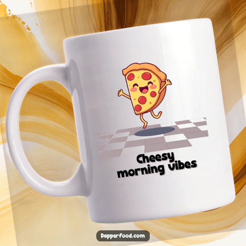 Funny pizza slice character smiling and doing a cartwheel on a checkered floor, representing active fun and deliciousness.