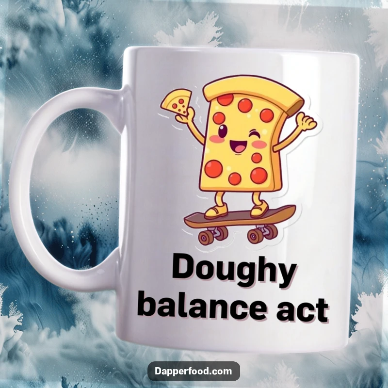 Funny mug featuring a smiling pizza slice character expertly balancing on a skateboard, one slice held high in a victorious pose.