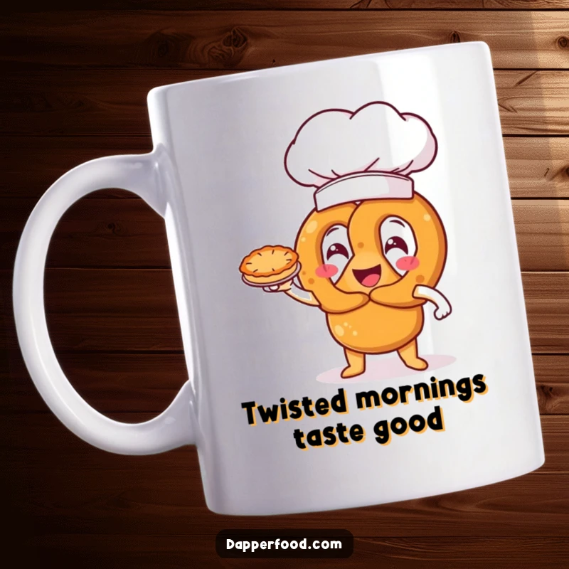 Funny happy pretzel character wearing an oversized chef hat, triumphantly presenting a miniature pie, a humorous baking-themed mug.