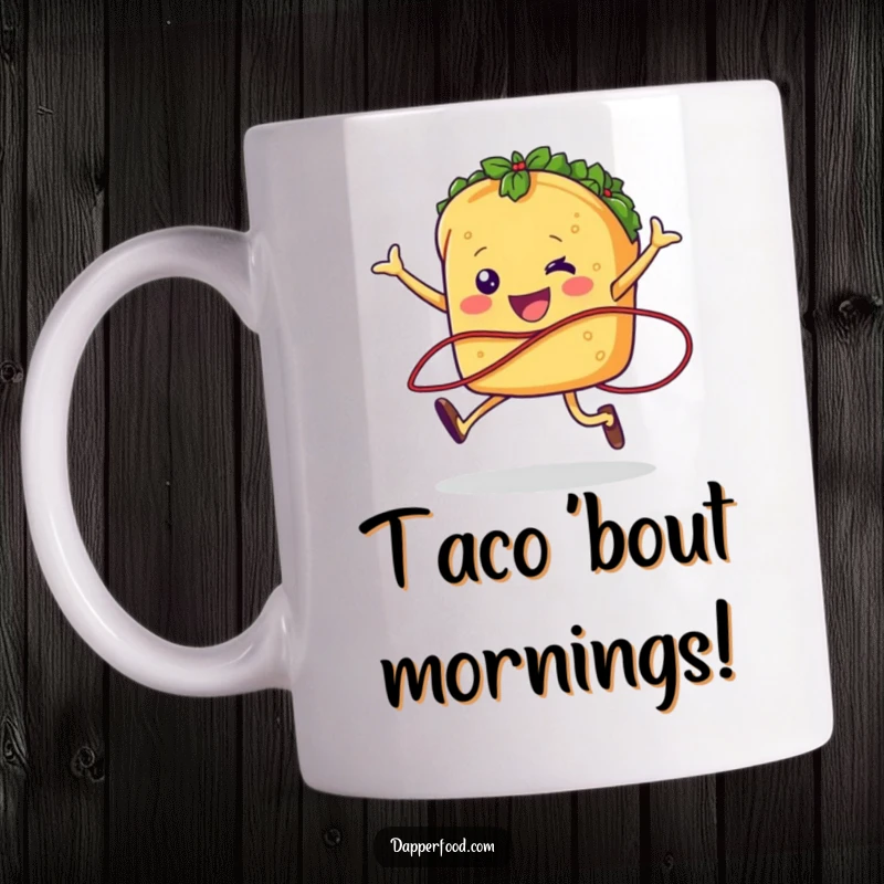 Funny taco character with legs joyfully jumping rope using a salsa strand, depicted on a humorous mug.