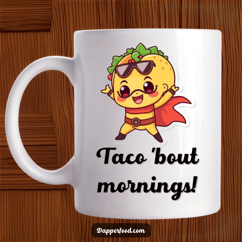 Funny mug featuring a cheerful taco striking a dramatic superhero pose, ready to save the day.