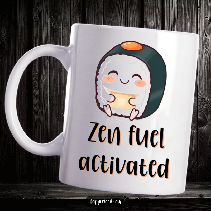 Funny mug showing a grinning sushi roll with eyes closed, serenely meditating, embodying peace and humor.