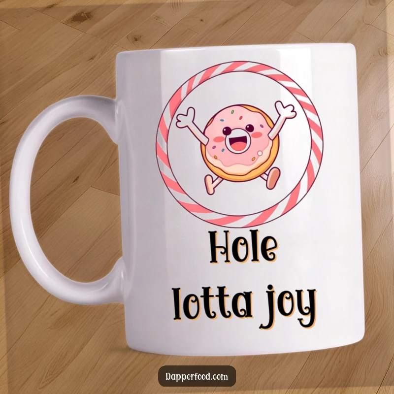Funny mug showing a gleeful donut enthusiastically jumping through a licorice hoop with a joyful expression.