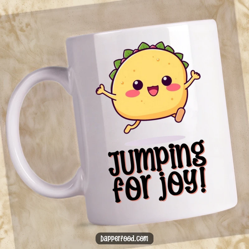 Funny Kawaii taco mug featuring a cute taco character with tiny legs enthusiastically leaping high.