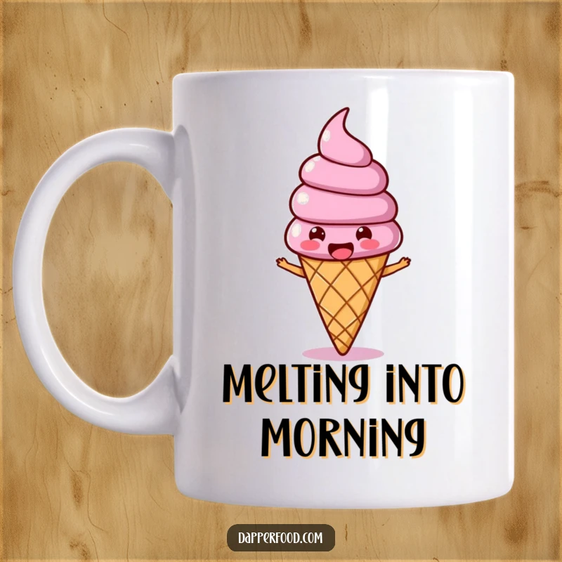 Funny Ice Cream Wobble Mug featuring a joyous ice cream cone character with a wobbling topping, bopping along happily.