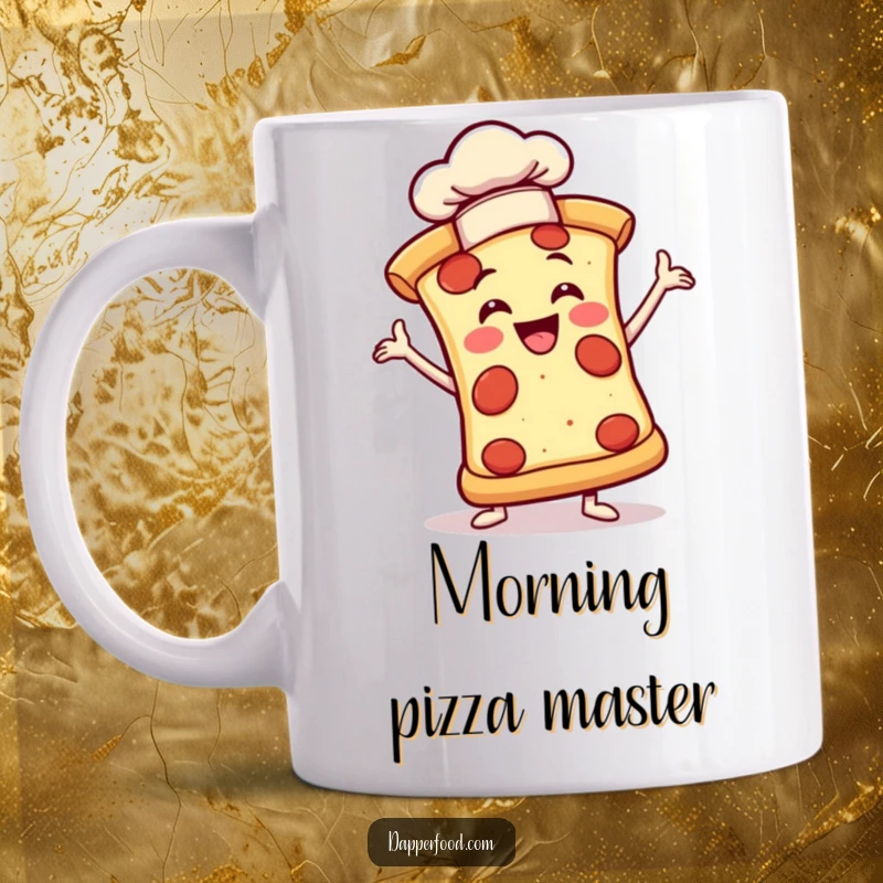 Funny mug showing a joyful pizza slice in a dramatic pose wearing a tiny chef hat, looking proud.