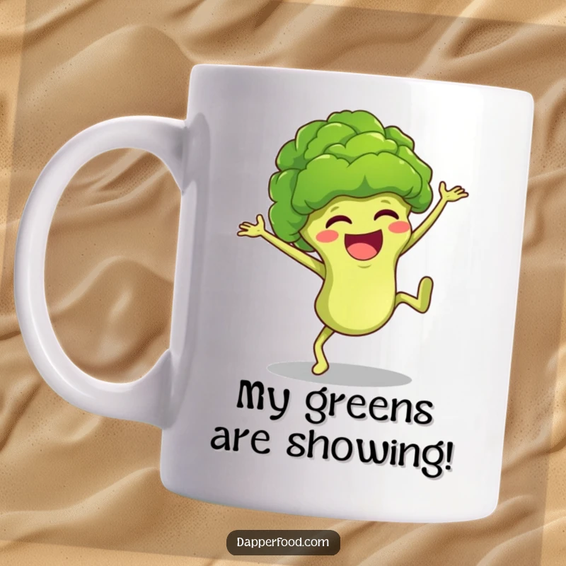 Funny broccoli floret character giggling while performing an energetic cartwheel, perfect for a humorous kitchen mug gift.