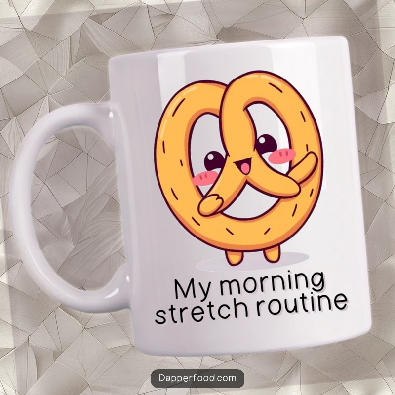 Funny Kawaii pretzel character doing a silly little wiggle dance on a coffee mug, expressing pure joy and silliness.