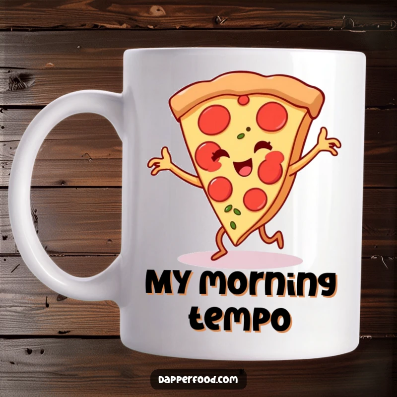 Funny pizza slice mug with tiny legs doing a lively flamenco dance, expressing pure joy and entertainment on a ceramic cup.