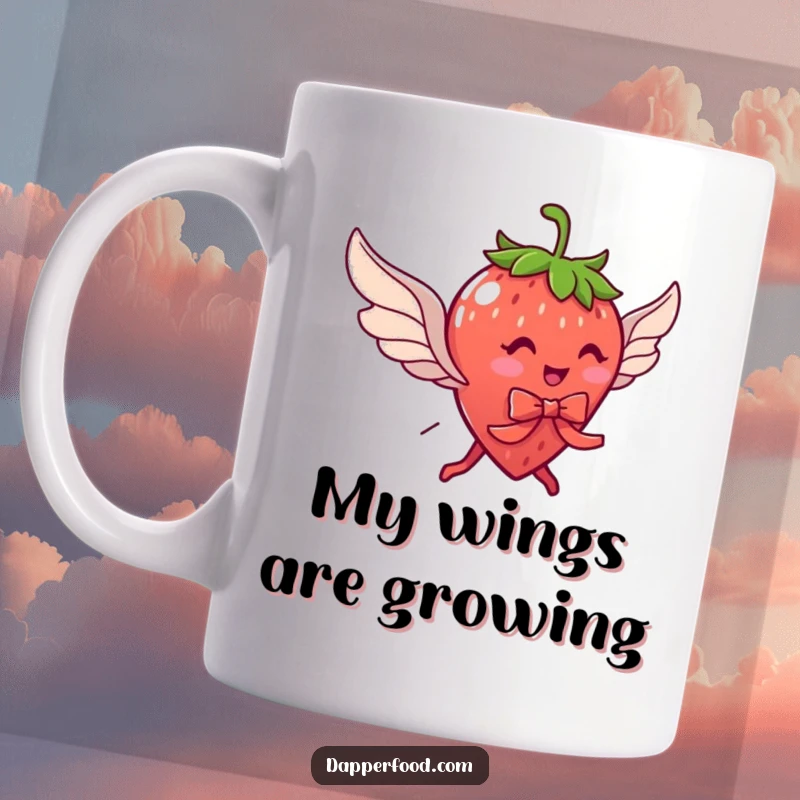 Funny mug featuring a delightful strawberry character with legs, wearing a ribbon, trying to fly with wings.