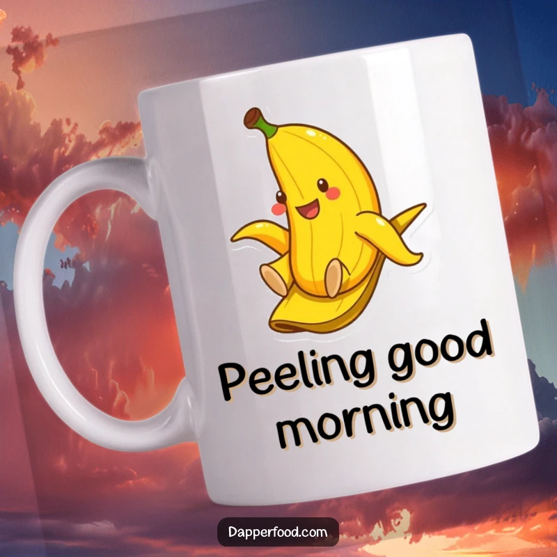 Funny mug of a smiling banana playfully sliding down its own banana peel, looking happy and carefree.