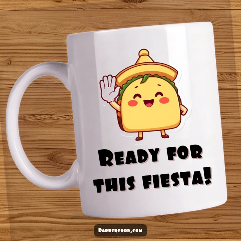 Funny Mug featuring a happy taco character in a tiny sombrero, enthusiastically saluting, ready for a fiesta.