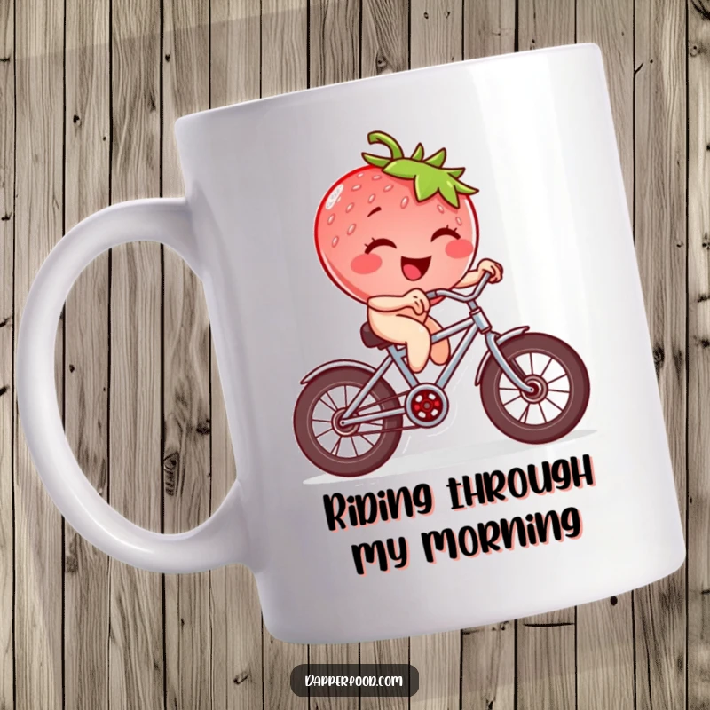 Funny strawberry character winking and joyfully riding a tiny bicycle with square wheels, a whimsical and humorous illustration for a mug.