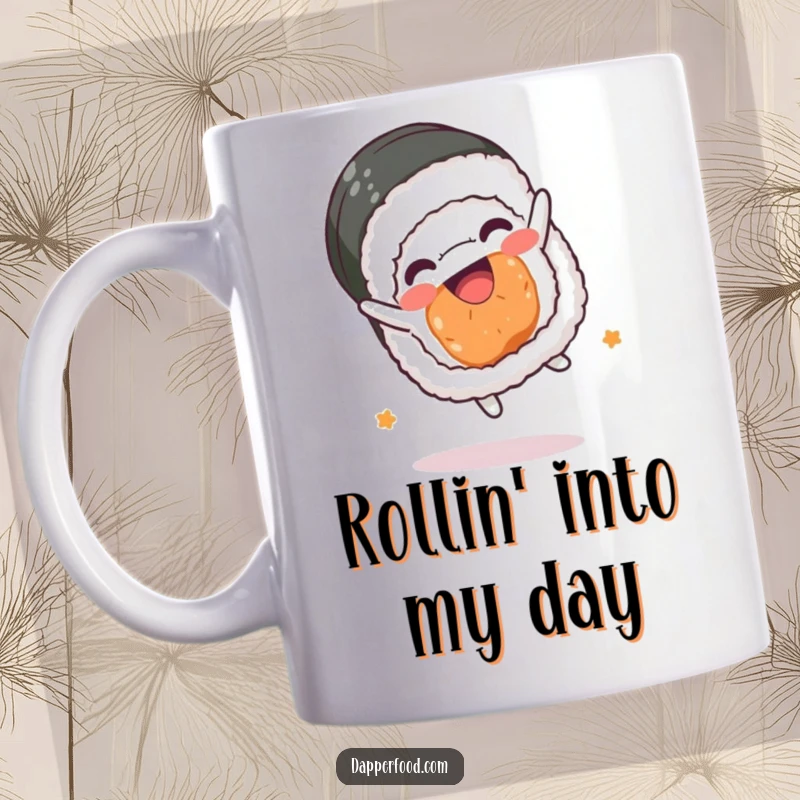 Funny sushi roll mug, kawaii character doing a joyful somersault, celebrating fun and deliciousness, perfect for gifting.