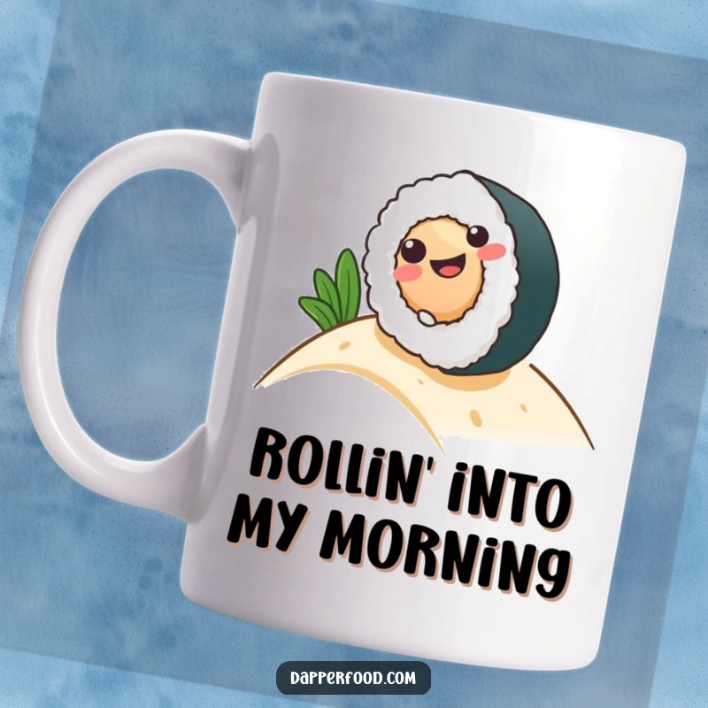 Funny Mug featuring a smiling sushi roll character gleefully rolling down a hill, embodying pure, unadulterated joy.