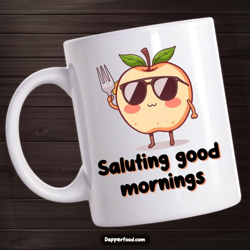 Funny mug with a blushing apple character wearing sunglasses and saluting with a tiny fork for a cool, humorous vibe.