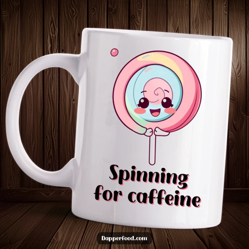 Funny Kawaii Lollipop Mug: A happy character spinning gleefully, embodying pure joy, ideal for a fun coffee gift.