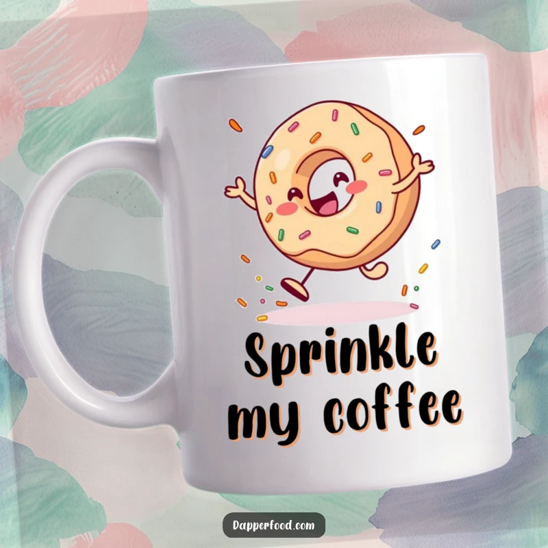 Funny Mug featuring a cheerful donut character playfully bouncing a giant sprinkle, radiating happiness and sweetness.