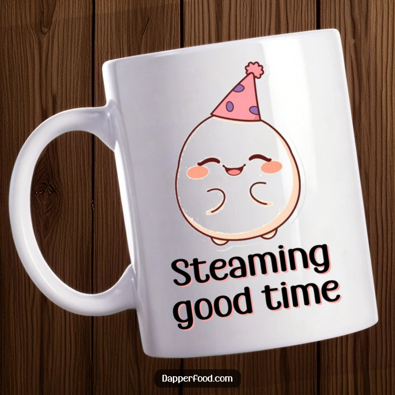 Funny mug of a cheerful dumpling winking mischievously while sporting a comically small party hat.