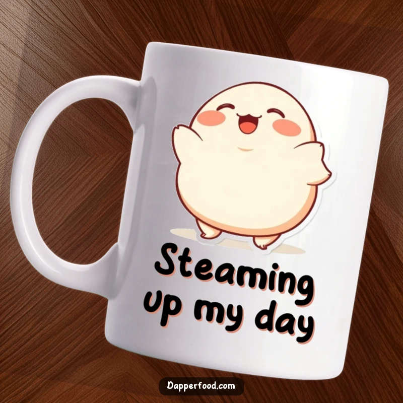 Funny Dumpling Bob Mug featuring a plump, giggling dumpling character bobbing up and down excitedly, full of adorable fun.