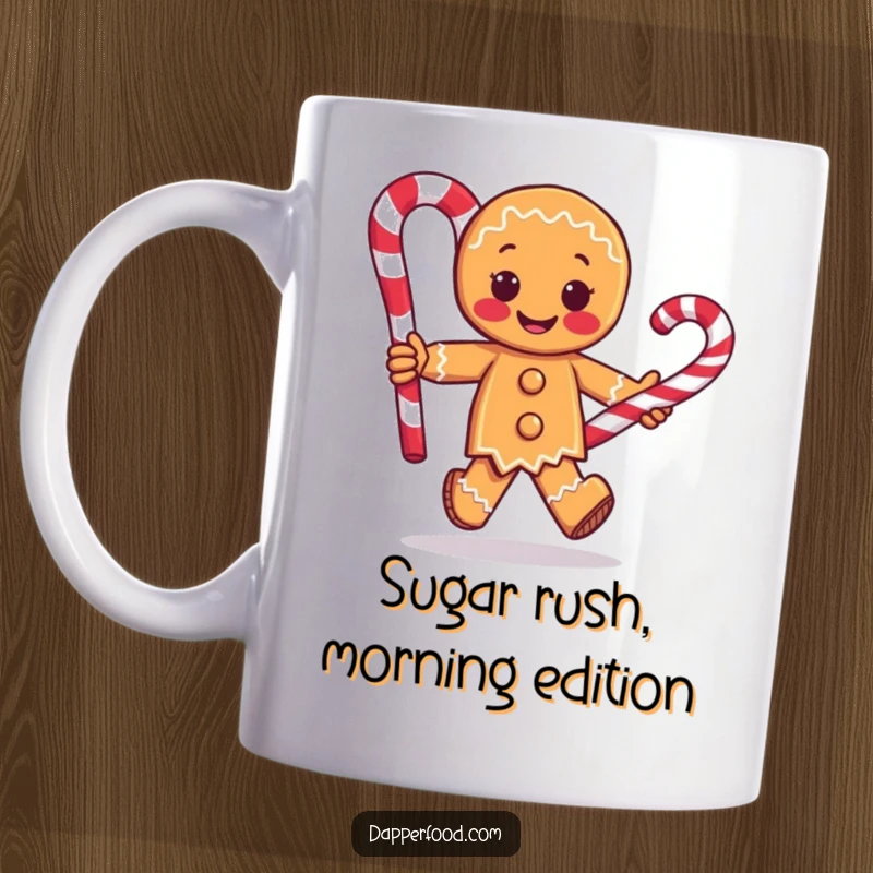 Funny mug featuring a joyful gingerbread man character running with a huge candy cane, embodying sweet holiday fun and a playful spirit.