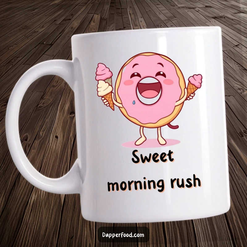 Funny donut mug, big grin, hilariously juggling tiny ice cream cones, a delightful and humorous sweet treat character.