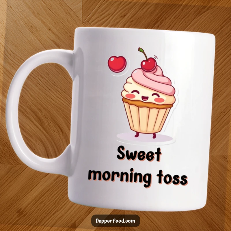 Funny mug showcasing a blushing cupcake character playfully tossing a bright red cherry high into the air with a joyful expression.