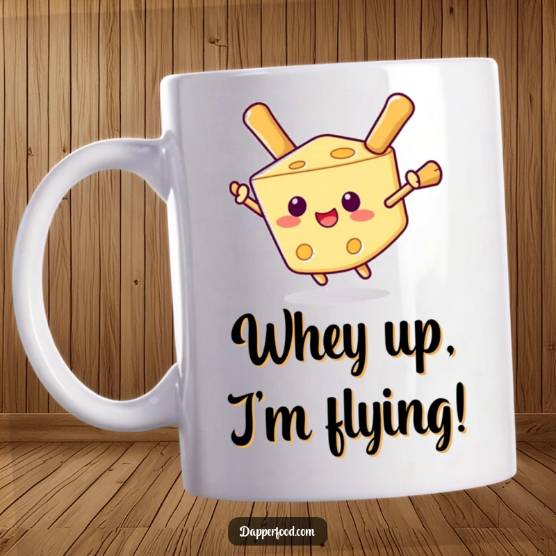 Funny mug featuring a delighted cheese wedge artistically using breadstick wings to soar with a joyful expression.