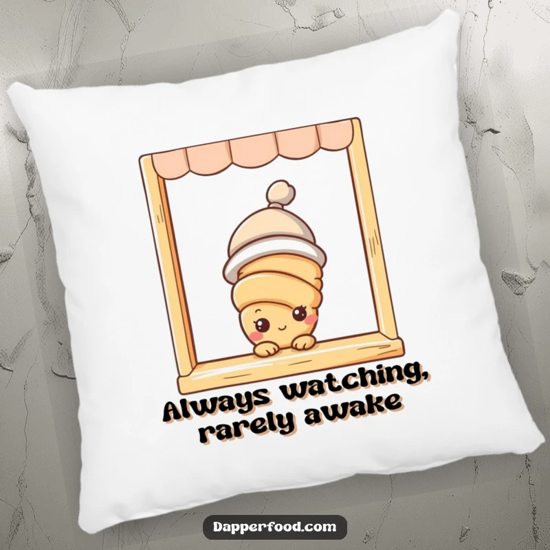 Funny croissant character with eyes and hat peeking from a bakery window, on a soft pillow for comfort.