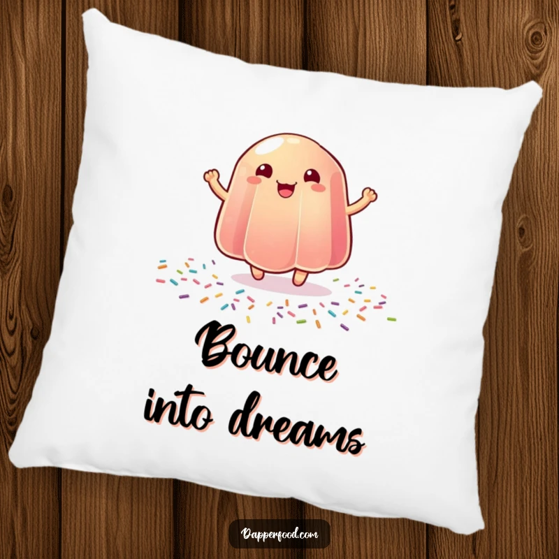 Funny pillow featuring a wobbly jelly bouncing with joy on a sprinkle surface, perfect for cozying up.