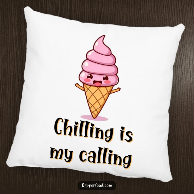 Funny Ice Cream Wobble Pillow with a joyous ice cream cone character and wobbling topping, bopping along, soft and humorous.