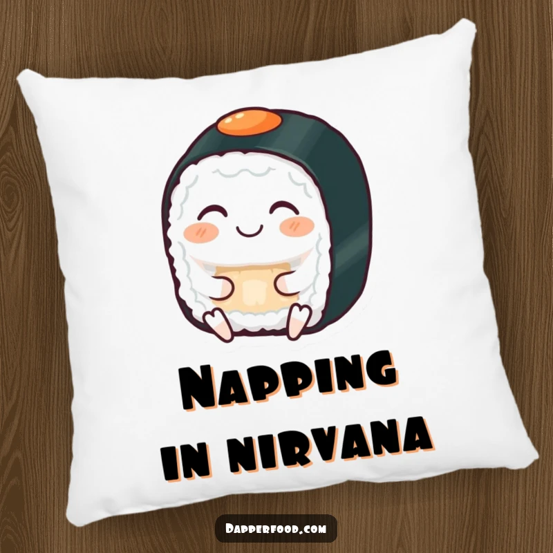 Funny pillow with a grinning sushi roll with eyes closed, serenely meditating, offering comfort and peace.