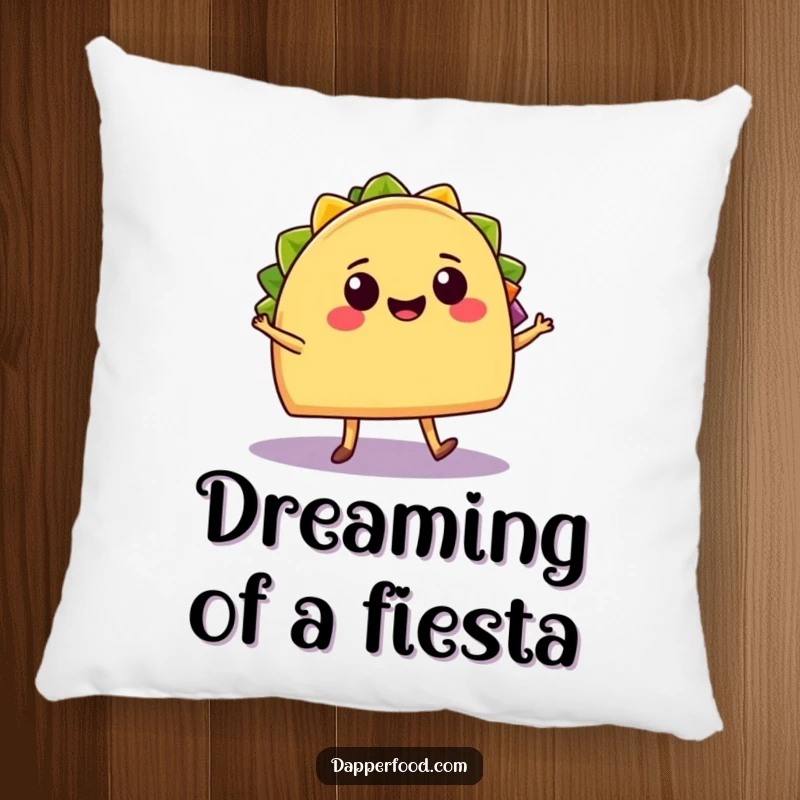 Funny Pillow: A cheerful taco with legs salsa dances with a smiling burrito, bringing cozy fiesta fun to any room.